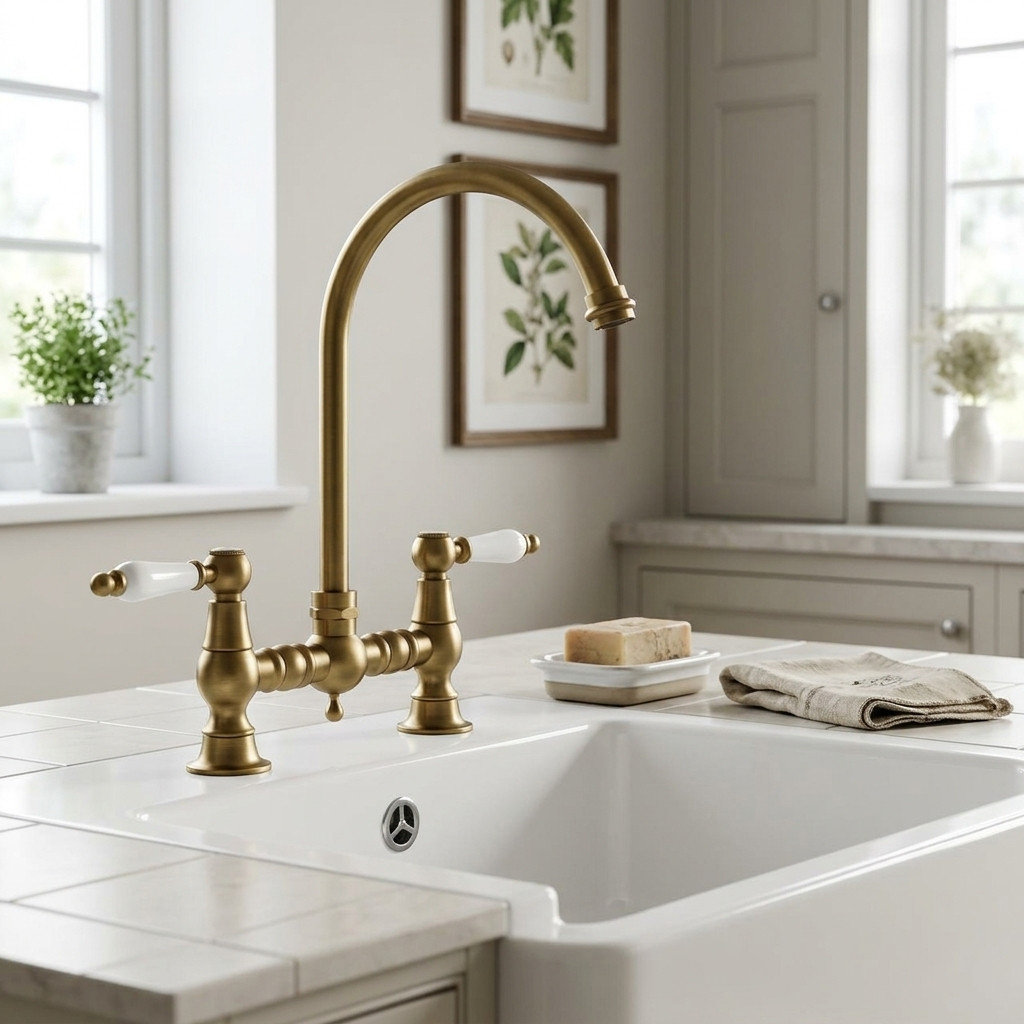 Aquanello Heritage Manor Nostalgische Brugkeukenkraan Brons met Witte Grepen en Ronde Uitloop BN-4001-HA